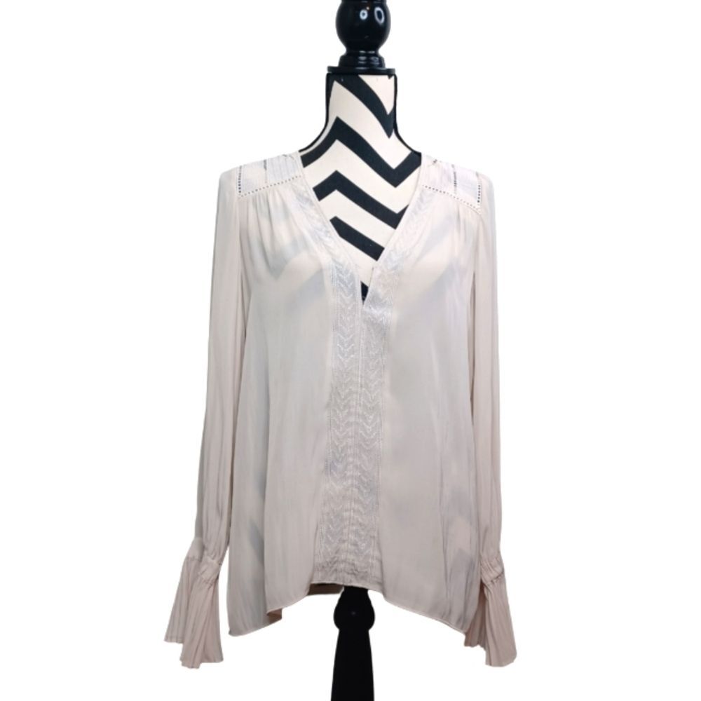 Ramy Brook Worn on TV V-Neck Pleated Cuff Bell-Sleeve Blouse Sz S